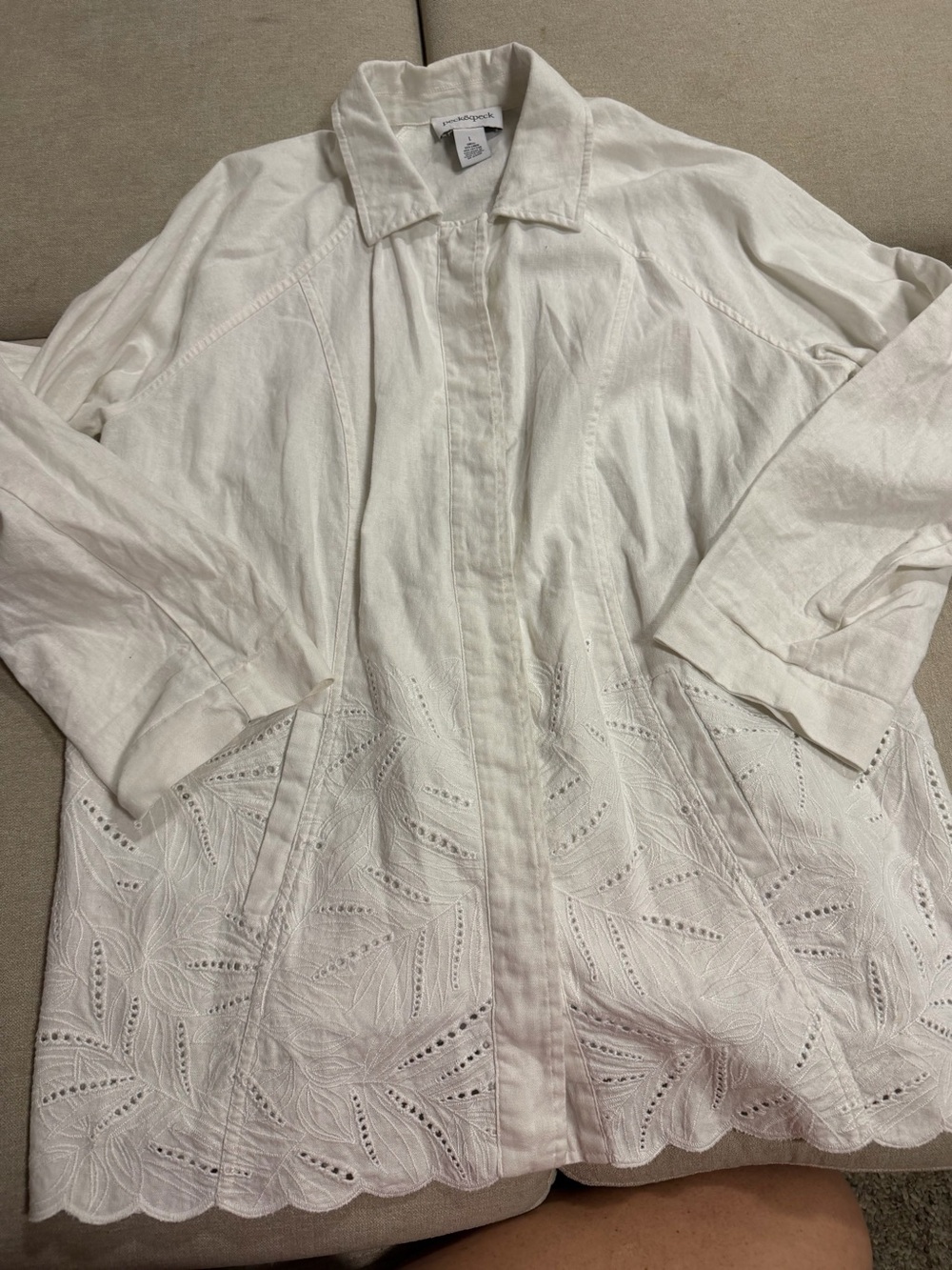 Peck & Peck White Embroidered Cotton Button-Down Shirt Jacket